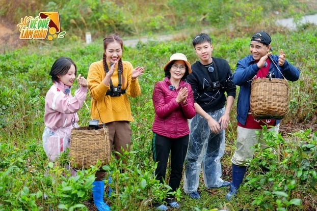 Các nghệ sĩ tham gia thử thách hái chè tại xã đảo Bản Sen.