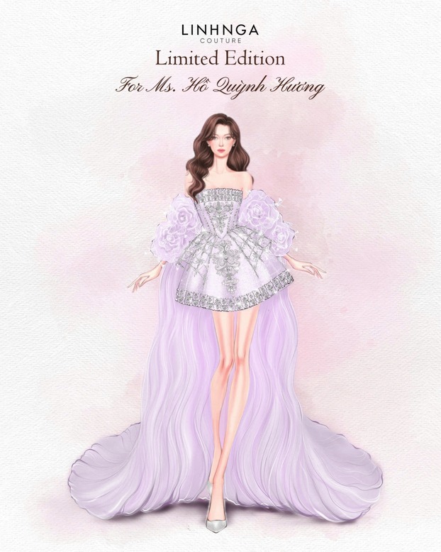 Thiết kế ngắn cho phần after party với gam tím lavender lãng mạn, kết hợp cùng phần tay rời uốn lượn.