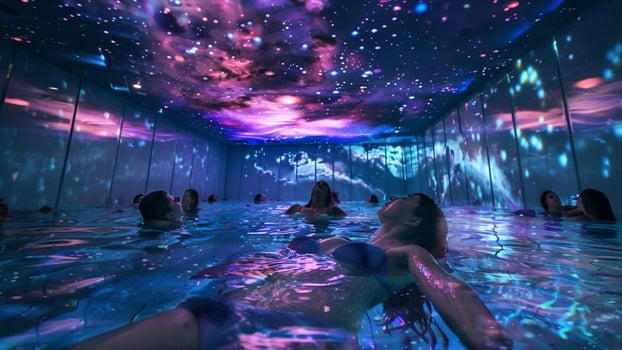 Phối cảnh của Submersive, khu nhà tắm trị liệu nhập vai dự kiến khai trương tại Austin trong năm 2026.