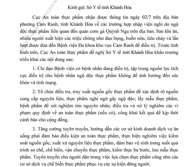 Công văn của Bộ Y tế về vụ gần 50 người nghi ngộ độc thực phẩm tại Khánh Hòa. Ảnh chụp màn hình