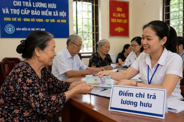 Người dân nhận lương hưu, trợ cấp BHXH tại điểm chi trả. Ảnh minh họa