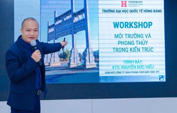Kiến trúc sư Nguyễn Đức Hiếu, giám đốc CT TNHH Phong Thủy Kiến Trúc TPT, chia sẻ phong thủy khoa học tại trường Đại Học Quốc Tế Hồng Bàng