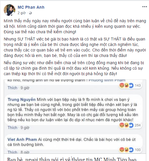 MC Phan Anh cũng bày tỏ quan điểm của mình trước sự việc MC Minh Tiệp bạo hành em vợ