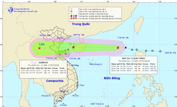 Hình ảnh vị trí, đường đi của bão số 3 - cơn bão Sơn Tinh (Ảnh: Trung tâm khí tượng thủy văn Trung ương)