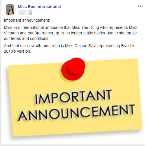 Thư Dung chính thức bị thu hồi danh hiệu Á hậu Miss Eco International 0