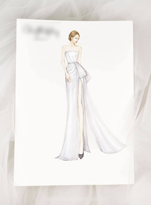   Theo mẫu phác thảo mà Chung Thanh Phong đăng tải, chiếc váy cưới của Nhã Phương có thiết kế kiểu quây cúp ngực giúp để lộ bờ vai mảnh mai, quyến rũ của cô dâu. (Ảnh: Chung Thanh Phong)  