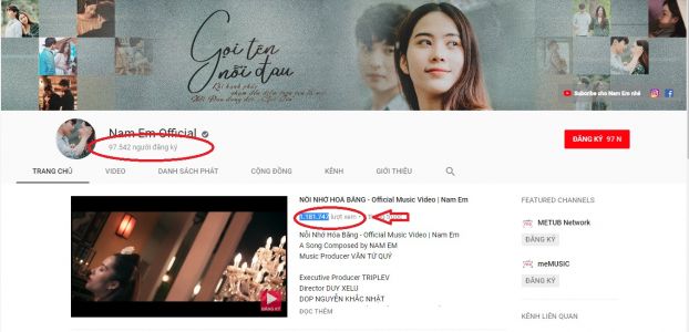   Kênh Youtube của Nam Em nhanh chóng đạt hơn 97 nghìn người đăng ký. Thậm chí, MV gần nhất mang tên Nỗi nhớ hóa băng của Hoa khôi đạt hơn 1 triệu lượt xem.  