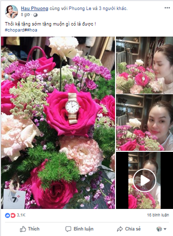   Hoa hậu Phương Lê cũng chia sẻ món quà mình nhận được trong ngày đặc biệt này. Cô cũng khiến nhiều chị em phải ganh tỵ khi nhận đóa hoa khổng lồ và chiếc đồng hồ sang trọng.  