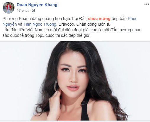   Trên trang cá nhân của mình, MC Nguyên Khang chia sẻ: “Phương Khánh đăng quang Hoa hậu Trái đất. Chúc mừng, chấn động luôn. Lần đầu tiên Việt Nam có tên trong Top 5 cuộc thi sắc đẹp thế giới”.  