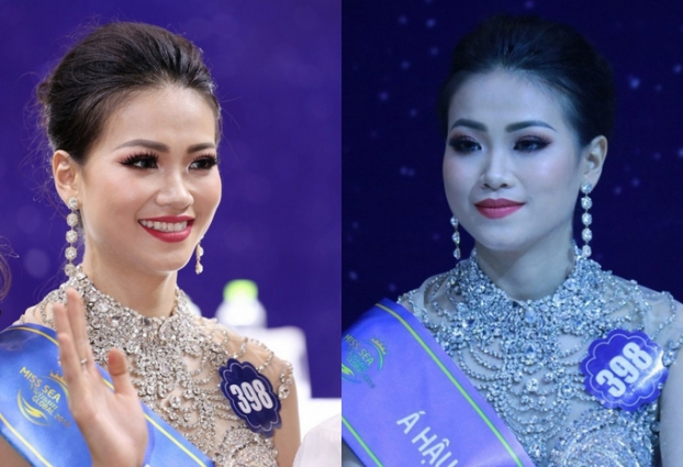   Nhan sắc của Nguyễn Phương Khánh tại thời điểm tham dự Hoa hậu Biển Việt Nam Toàn cầu 2018, khuôn mặt của người đẹp Bến Tre tròn đầy, sống mũi thấp.  