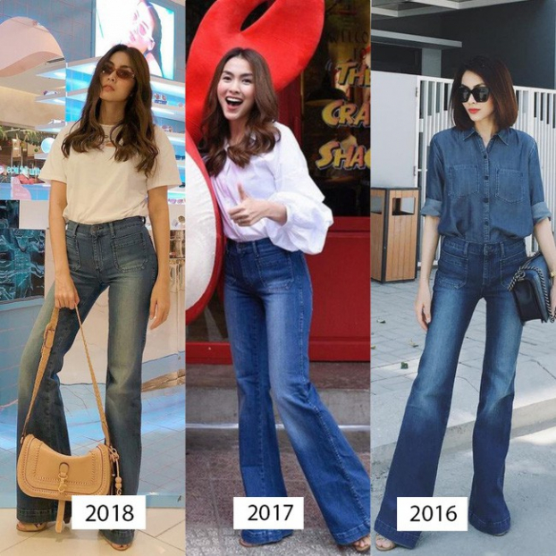   Suốt từ 2016 đến giờ, Hà Tăng vẫn hết mực yêu thích chiếc quần jeans ống loe siêu tôn dáng này.  