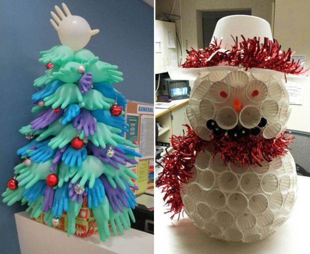   Găng tay hay cốc giấy hoàn toàn có thể biến hóa thành những món đồ đáng yêu trang trí Noel văn phòng ấn tượng cho dịp lễ đặc biệt.  