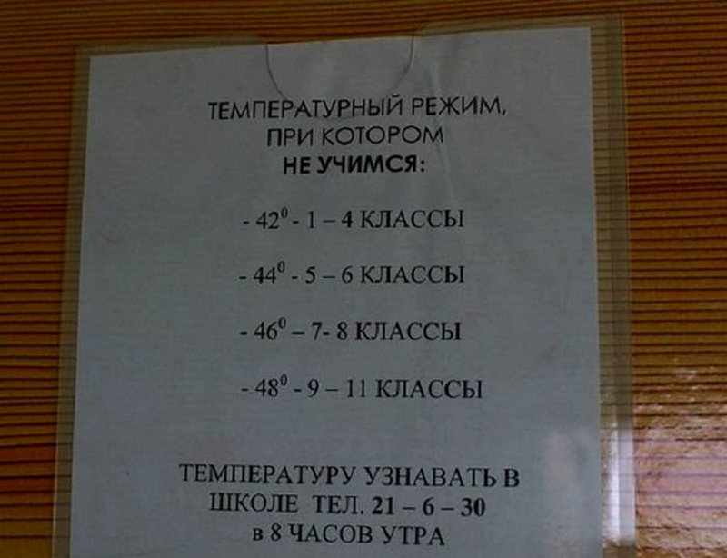     Một trường học ở Nga quy định: Nhiệt độ -42 độ C học sinh từ lớp 1-4 nghỉ học, - 44 độ: đối với lớp 5-6; -46 độ: lớp 7-8; -48 độ: lớp 9-11 nghỉ học. (Ảnh: Made in CCCP)  