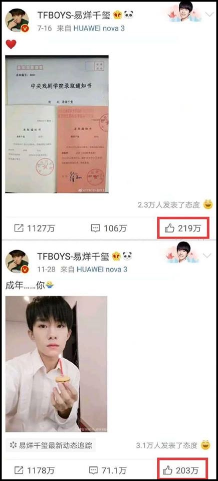 10 bài đăng Weibo của sao Hoa ngữ có lượt thích cao nhất năm: Thiên Tỷ TFBOYS có tới 2 bài 8
