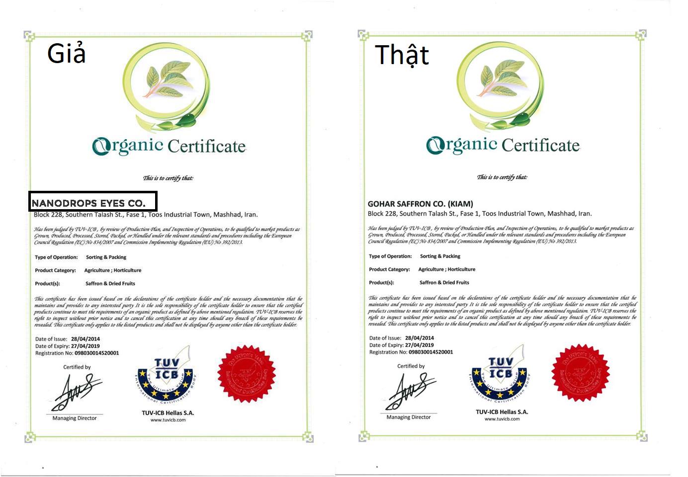 Chứng nhận Organic từ TUV-ICB Hellas S.A.