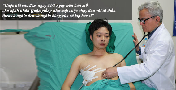   Hình ảnh bác sĩ Chuyên khoa II Nguyễn Thành Long, Trưởng khoa Hồi sức Gây mê, Bệnh viện Phổi Trung ương kiểm tra cho bệnh nhân Quân  
