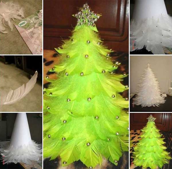 Dùng lõi giấy cắt thành hình chóp nón và dán bất cứ gì lên: các loại lông, dây trang trí, thìa, dĩa, bạn đều có thể tạo nên cây thông Giáng sinh theo cách riêng mình.