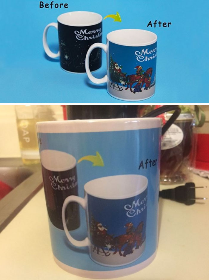 Amazone đăng quảng cáo chiếc cốc khi đổ nước nóng vào sẽ hiện khung cảnh Giáng sinh. Và dưới là chiếc cốc tôi nhận được.