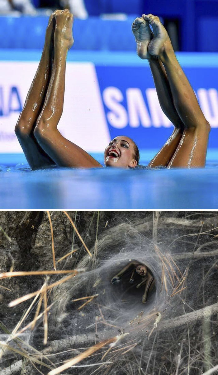Hình ảnh đặc biệt và có phần hơi đáng sợ của các cô gái múa dưới nước giống hệt một cô nhện trong chiếc mạng do chính mình giăng ra.
