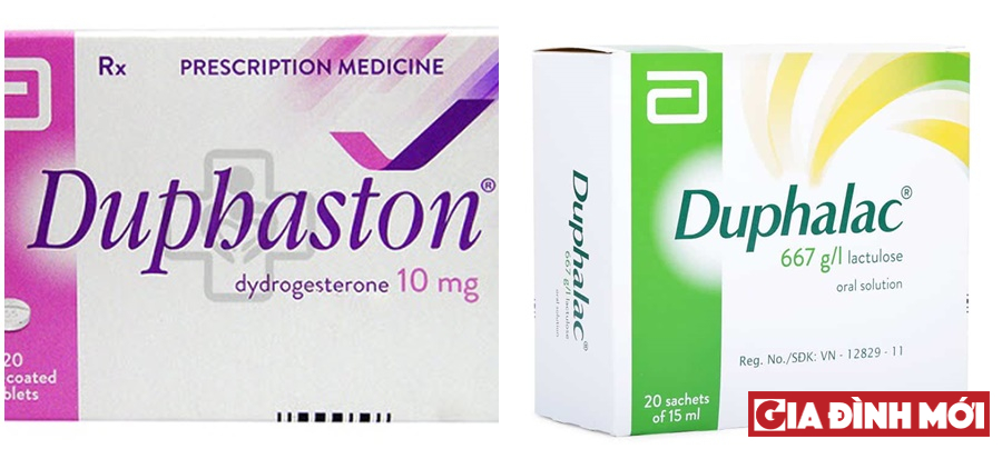   Thuốc dưỡng thai Duphaston 10mg (hình bên trái) rất có thể dễ nhầm lẫn với thuốc trị táo bón Duphalac (hình bên phải) dành cho bà bầu  