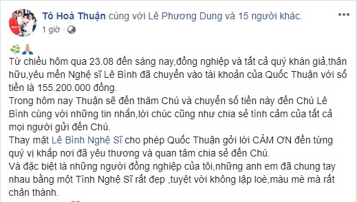 Quốc Thuận thông báo, anh đã nhận hơn 150 triệu đồng từ đồng nghiệp, bạn bè, khán giả gửi ủng hộ diễn viên Lê Bình