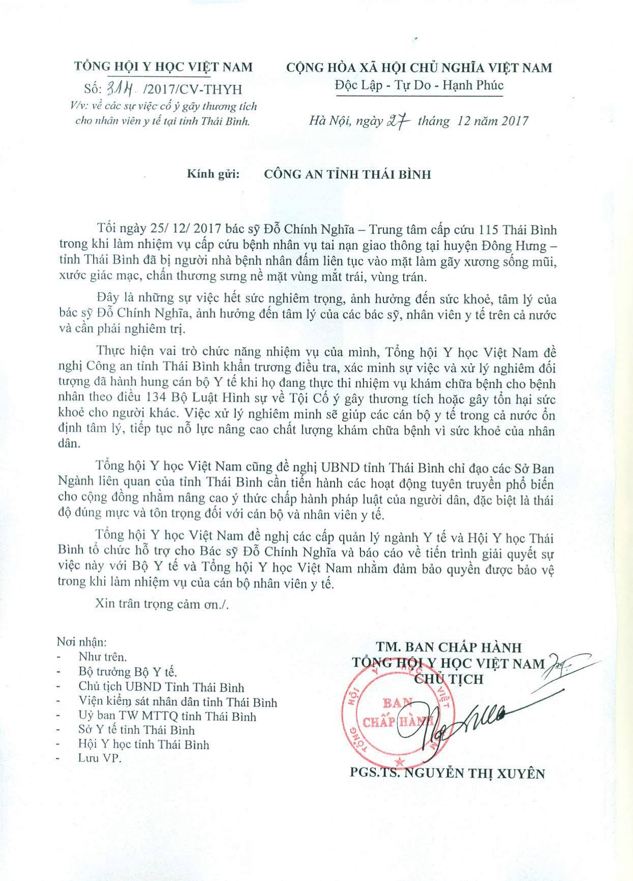 Công văn của Tổng hội Y học Việt Nam gửi Công an tỉnh Thái Bình