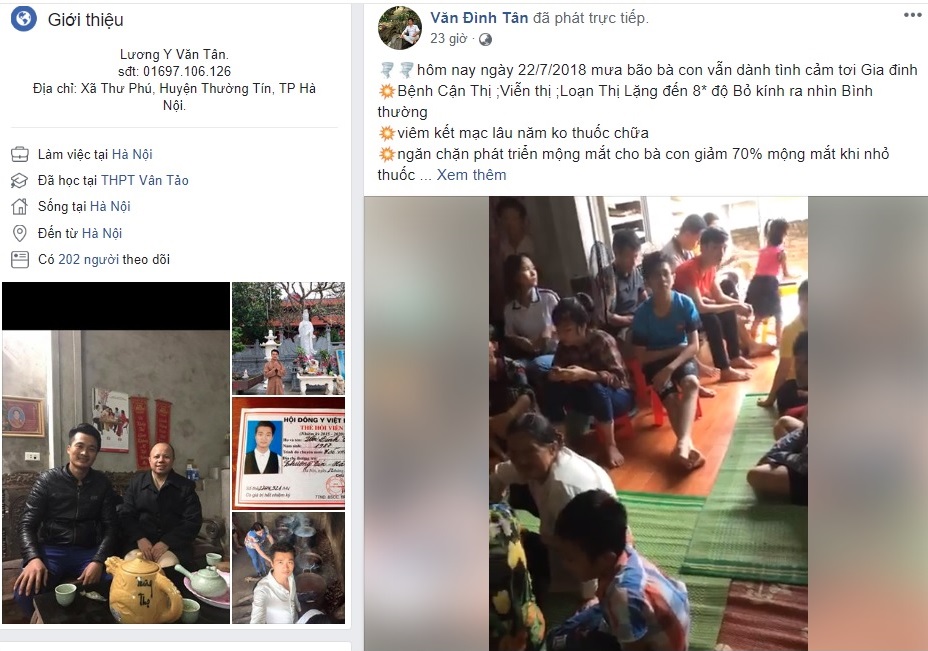 Thầy lang Văn Đình Tân vẫn ngang nhiên tổ chức chữa bệnh không phép dù ngày 19/7 cơ quan chức năng đã tiến hành kiểm tra nhắc nhở. Ảnh chụp từ facebook nhân vật