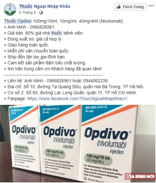   Thuốc miễn dịch điều trị ung thư của Mỹ được rao bán trên mạng xã hội ở Việt Nam với giá rẻ gần bằng một nửa ở Mỹ. Ảnh chụp từ FB  