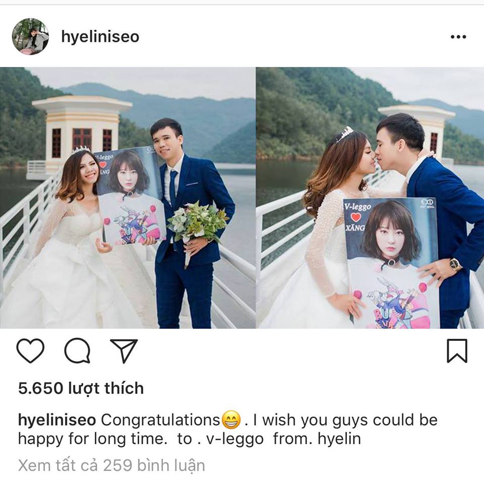 Ca sĩ Hyerin của nhóm nhạc EXID tình cờ thấy hình ảnh được chia sẻ và ngay lập tức viết lời chúc mừng cặp đôi: 'Chúc mừng hai bạn. Tôi hy vọng các bạn có thể hạnh phúc dài lâu bên nhau. Gửi tới V-LEGGO, từ Hyerin'.