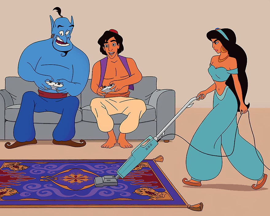 Khi công chúa Jasmine phát ngán với người chồng Aladdin lười biếng, thậm chí còn phải 'hầu' thêm cả bạn của chồng
