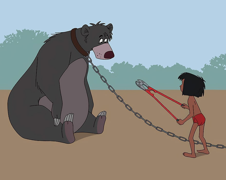Trong bộ phim 'Cậu bé rừng xanh' (The Jungle Book), Baloo là người bạn đáng yêu của cậu bé Mowgli, nhưng nếu bộ phim được làm vào năm 2017, có lẽ câu chuyện sẽ bắt đầu bằng cảnh Mowgli giải thoát Baloo khỏi xiềng xích của con người