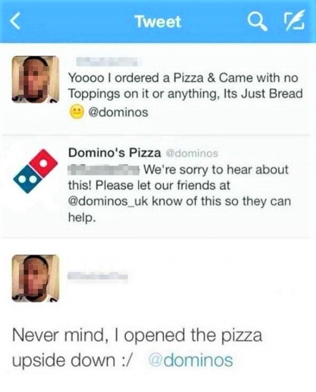 Một khách hàng phàn nàn rằng pizza của Domino's Pizza không có miếng thịt nào rồi nhận ra là mình đã... lật úp hộp khi mở
