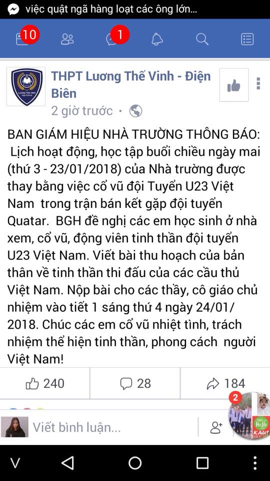 Trường THPT Lương Thế Vinh - Điện Biên còn cho học sinh nghỉ và viết bài thu hoạch về tinh thần thi đấu của cầu thủ Việt Nam