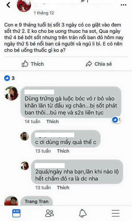   Cũng trong nhóm cộng đồng do Lê Nhất Hồng Phương thành lập, có những bà mẹ dù con bị sốt co giật và sức khỏe có những biểu hiện bất thường thì vẫn tin tưởng vào tư vấn của cộng đồng mạng thay vì đưa con đi bác sĩ  