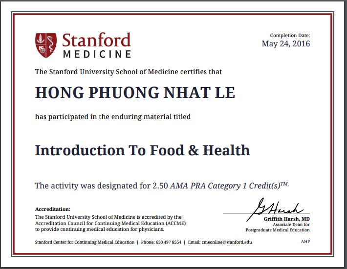   Chứng chỉ tham gia hoạt động 'Introduction to Food and Health' của ĐH Stanford (khóa học miễn phí thời lượng 2,5 giờ)  