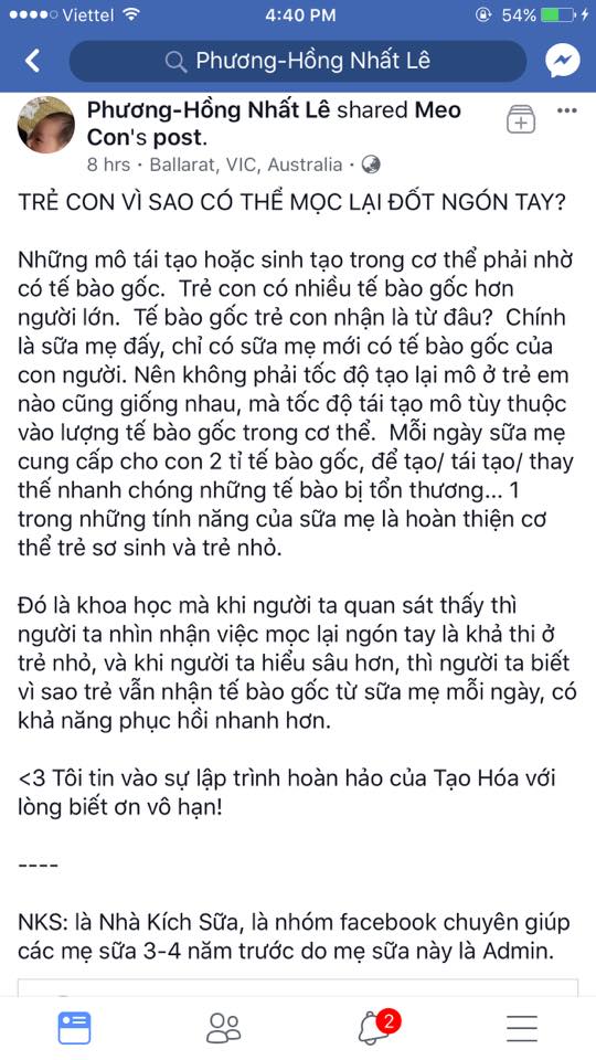   Lê Nhất Phương Hồng chia sẻ về trường hợp mọc lại đốt ngón tay sau khi bị cụt và lý giải do tế bào gốc trong sữa mẹ. Trong thực tế trên thế giới đã có ghi nhận một số trường hợp trẻ nhỏ mọc lại đầu ngón tay, tuy nhiên nguyên nhân vẫn còn nhiều tranh cãi.  