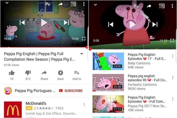   Hình ảnh chụp màn hình về chú lợn Peppa Pig liên quan đến máu me, chết chóc đang được các bố mẹ có con nhỏ chia sẻ nhiều trên mạng xã hội.  