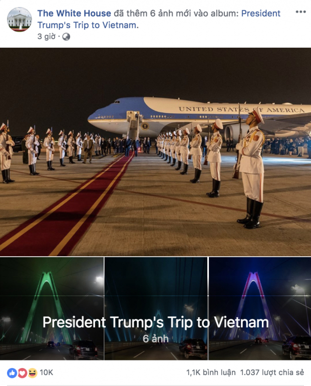   Fanpage của Nhà Trắng cập nhật hình ảnh của Tổng thống Trump khi đến Hà Nội.  