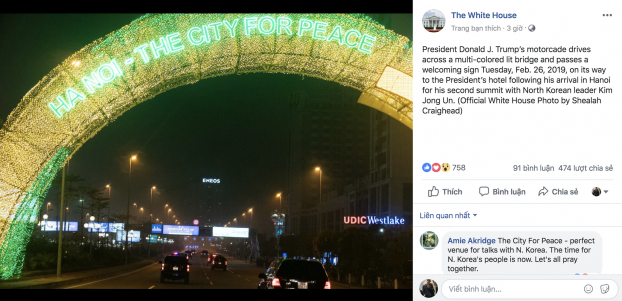   Hình ảnh Ha Noi - The City For Peace (Hà Nội - thành phố vì hòa bình) xuất hiện trên fanpage của Nhà Trắng.  