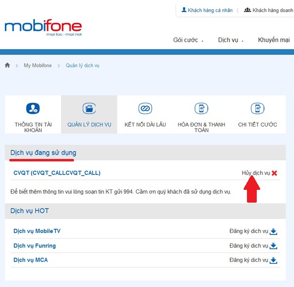 Kiểm tra dịch vụ MobiFone đang sử dụng: Trong danh sách dịch vụ đang sử dụng, thuê bao có thể bấm 'Hủy dịch vụ' (mũi tên) ngay nếu muốn. 