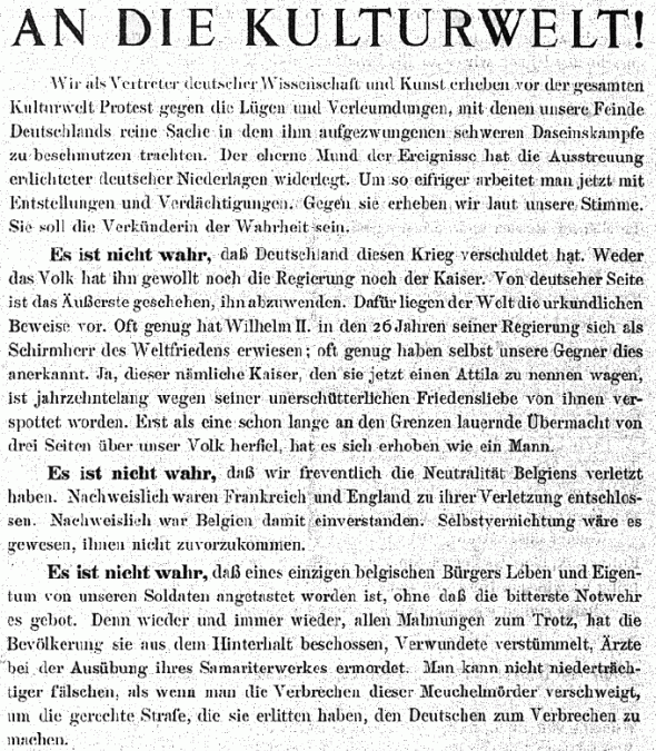    Một phần của 'Tuyên ngôn 93', bản tuyên ngôn với 93 chữ ký của các nhà khoa học, học giả, nghệ sĩ nổi tiếng của Đức tuyên bố ủng hộ tuyệt đối các hành động quân sự của Đức trong Thế chiến thứ nhất.  