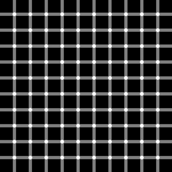 Có những đốm đen tại các giao điểm của tất cả các đường trắng - ngoại trừ điểm giao nhau bạn đang xem. Trong thực tế, những điểm này không tồn tại