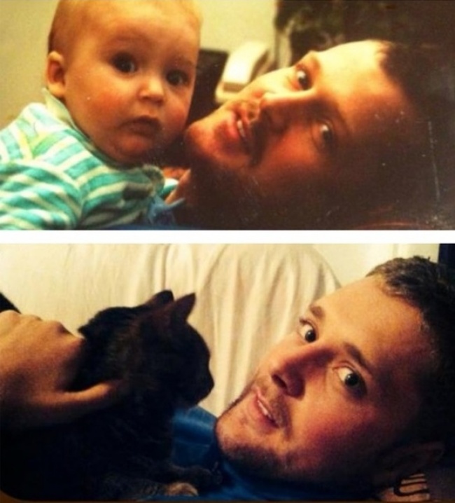 Bố tôi và tôi vào năm 1991, và con mèo của tôi và tôi vào năm 2013. Tìm 10 sự khác biệt!