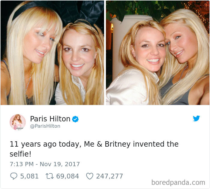 Paris Hilton chia sẻ bức ảnh trên Twitter với tuyên bố '11 năm trước, Tôi & Britney đã phát minh ra kiểu chụp ảnh tự sướng!'