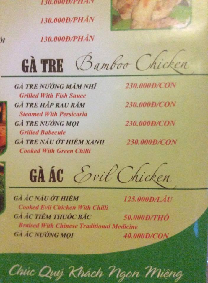 Lại thêm một nhà hàng với món gà... cây tre (bamboo), gà độc ác (evil)