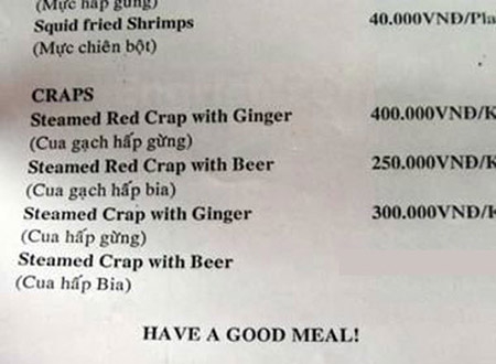 Một nhà hàng khác cũng nhầm lẫn tệ hại giữa 'crab' (cua) và 'crap' (phân)