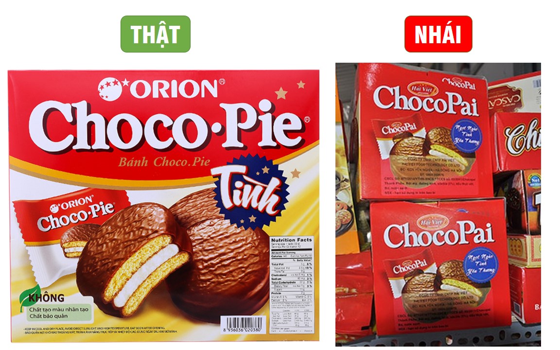 Chocopie của Orion được cơ sở sản xuất bánh kẹo Hải Việt sản xuất gắn nhãn ChocoPai