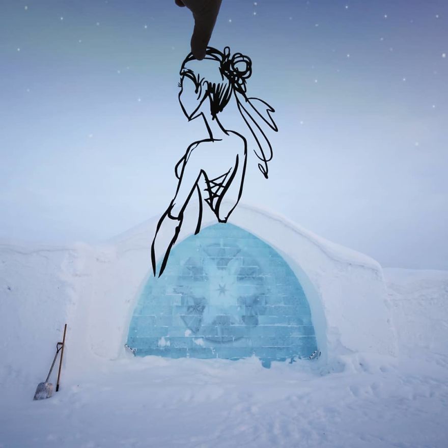 Cổng vào theo phong cách nhà của người Eskimo của một khách sạn băng tuyết biến thành chiếc váy công chúa