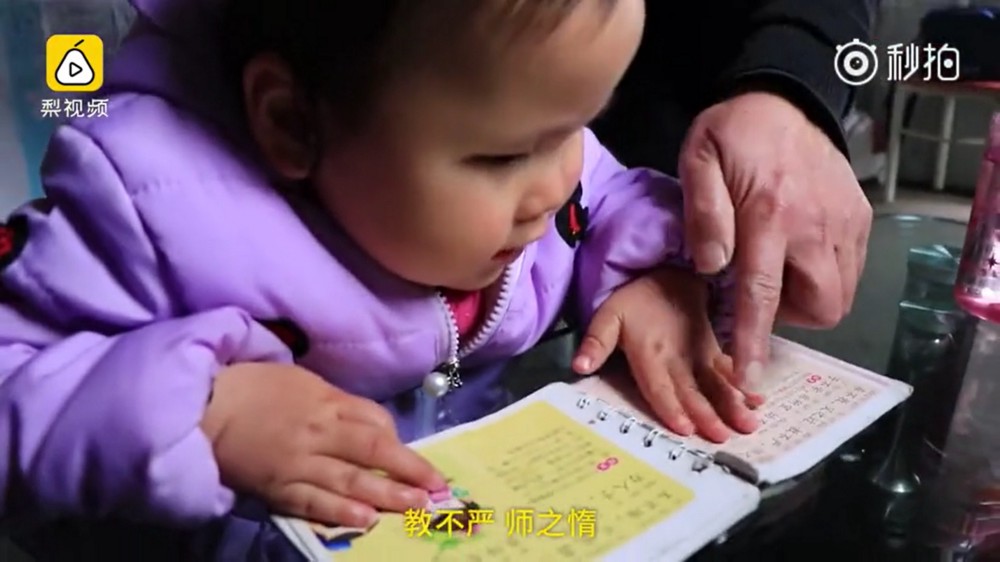 Bé Meiqi (2 tuổi) được bố dạy đọc chữ