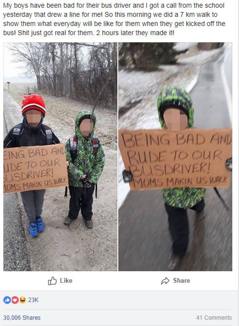 Một bà mẹ ở Ontario (Canada) đã bắt hai cậu con trai đi bộ 7 km đến trường để phạt vì cả hai đã cư xử hỗn với người tài xế xe buýt, sau đó đăng tải hình ảnh này lên mạng xã hội. Các chuyên gia cho biết hành động bêu riếu trên MXH này có thể gây tổn thương tâm lý cho trẻ